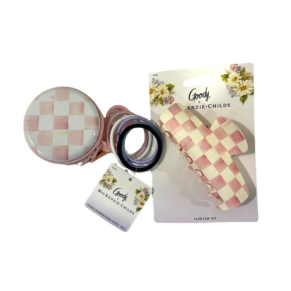 New MacKenzie Childs SET - Pink Check Claw Clip & Purse Charm Case Elastics